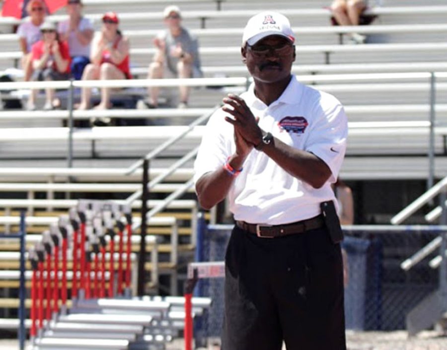Arizona track and field coach Fred Harvey looks on during Arizonas third place finish for both men and women at the Jim Click Shootout on Saturday at Roy. P. Drachman Stadium. Harvey will send athletes to two seperate meets starting Thursday.