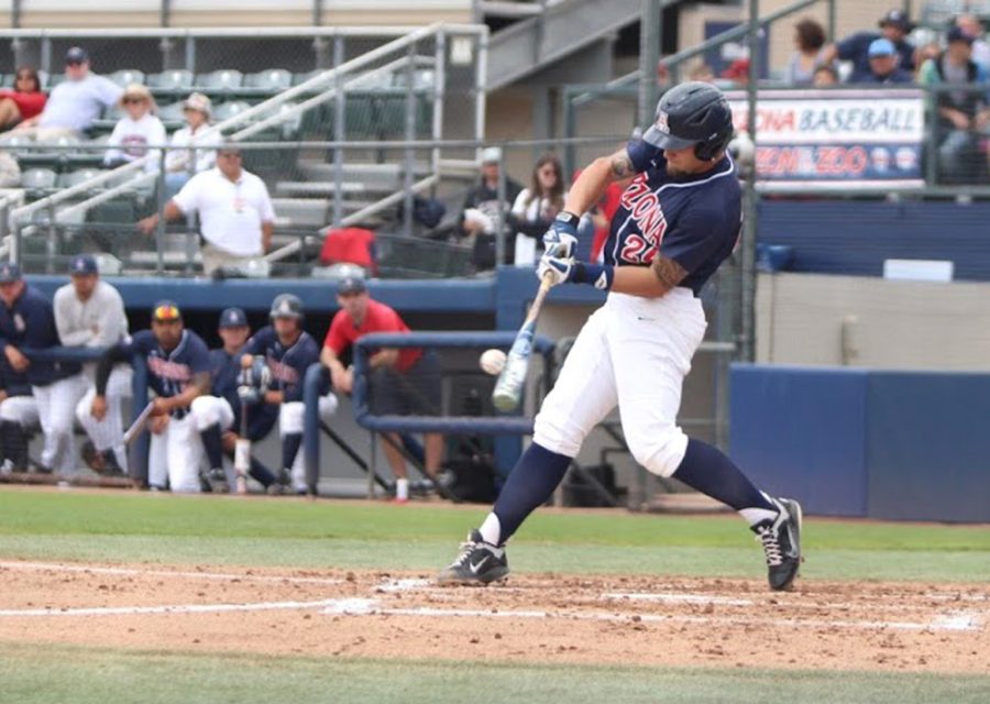 Arizona baseball infielder J.J. Matijevic (24) swings at a pitch during Arizonas matchup with California at Hi Corbett Field on April 26, 2015. Matijevic helped lift the Wildcats over New Mexico State on Wednesday with three hits and two RBIs.