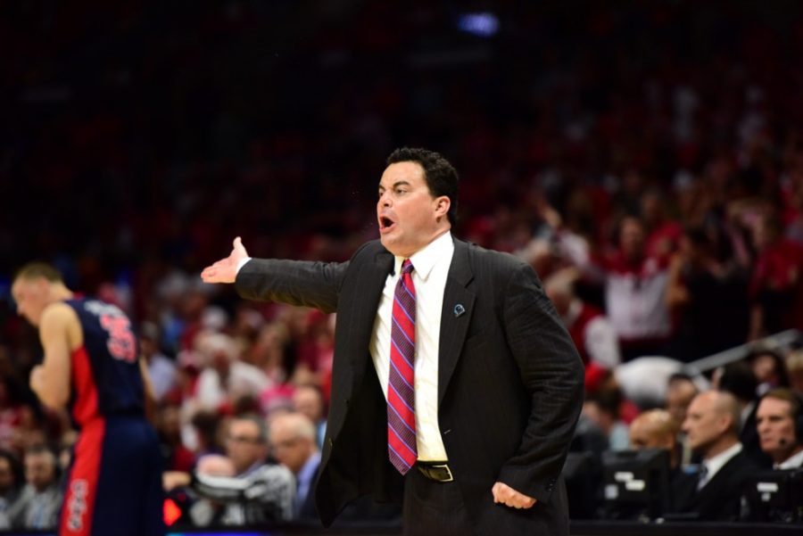 Arizona mens basketball coach Sean Miller bellows at his team during Arizonas frustrating 85-78 Elite Eight loss to Wisconsin in the Staples Center in Los Angeles on April 1, 2015.