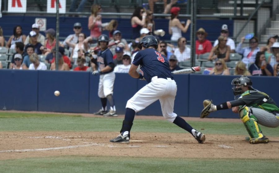 Arizona infielder Bobby Dalbec (3) swings at a pitch during Arizonas 13-4 victory over Oregon on Sunday, March 29 at Hi Corbett Field.