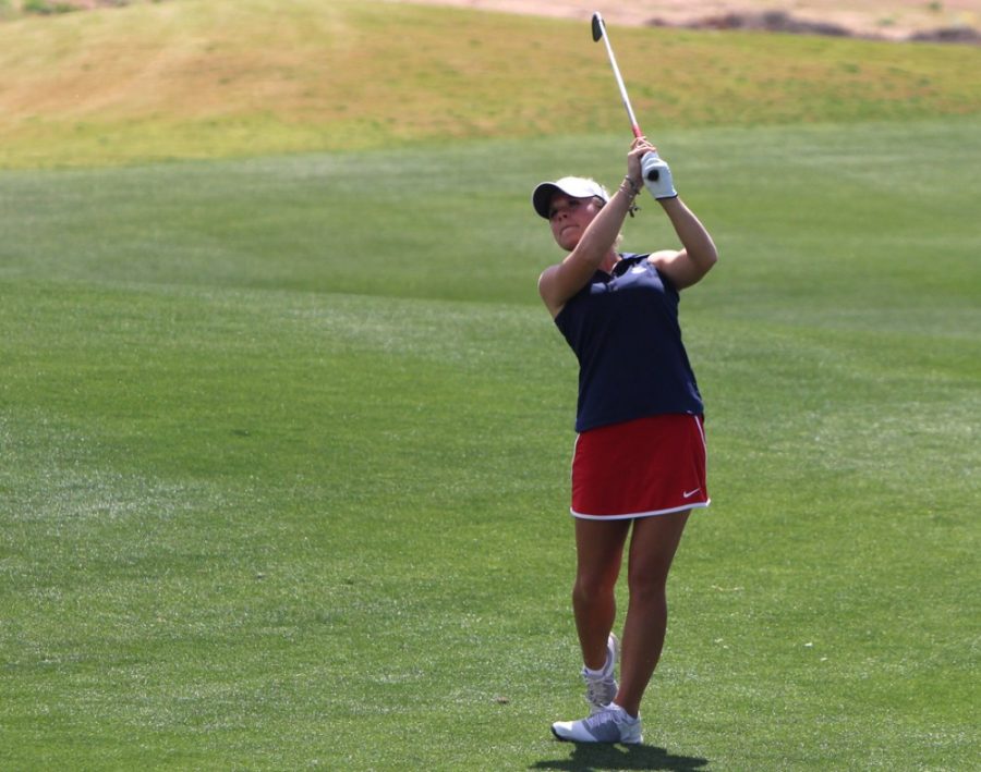 Lindsey Weaver of the Arizona womens golf team follows through on a swing during Arizonas second-place finish at the Wildcat Invitational on March 17, 2015 at Sewailo Golf Club. Weaver and the Wildcats will head to the NCAA Regionals on May 5. 