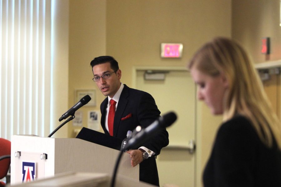 Associated Students of the University of Arizona President Manny Felix talks about his stance on Gov. Doug Duceys budget cuts during the ASUA Presidential Candidate Debate in the Student Union Memorial Center on March 9. Felix officially secured his position as president after an ASUA Supreme Court ruling denied the opposing candidates appeal on March 29.