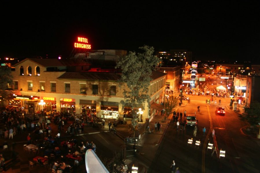 Courtesy of Sandy MellorAn aerial view of Hotel Congress during 2nd Saturdays. For students looking to take a break during finals or seniors moving leaving Tucson after graduation, this weekends event downtown offers entertainment for all.