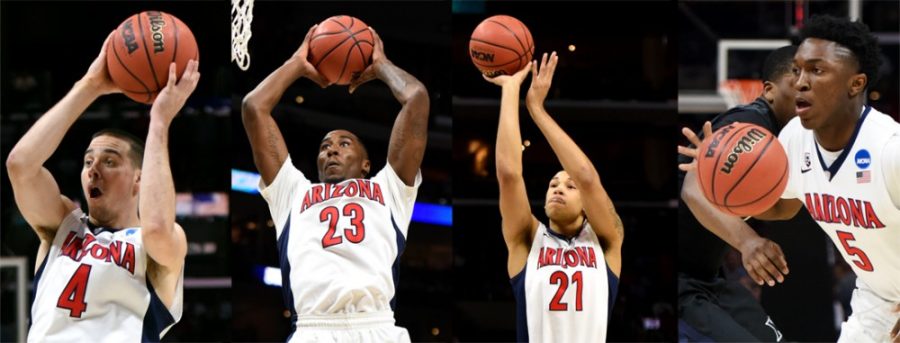 Rebecca Noble / Arizona Summer WildcatThen-Arizona guard TJ McConnell (4), then-Arizona forward Rondae Hollis-Jefferson (23), then-Arizona forward Brandon Ashley (21), and then-Arizona forward Stanley Johnson (5) during Arizonas 68-60 win in the Sweet Sixteen of the NCAA Tournament in the Staples Center in Los Angeles, Calif. on March 26.