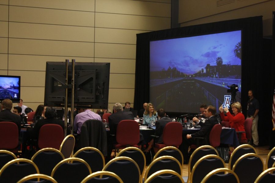 The Arizona Board of Regents holds a meeting in the Grand Ballroom in the Student Union Memorial Center at the University of Arizona to discuss budget cuts on Thursday, Feb. 5, 2015. They are strategizing in order to make the next semester a success despite the challenges presented by budget cuts.