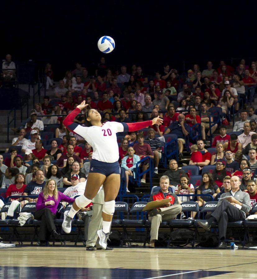 Arizona+volleyball+player+Penina+Snuka+jumps+for+the+ball.+Snuka+will+help+anchor+eight+new+freshman+and+many+incoming+transfers+this+season.