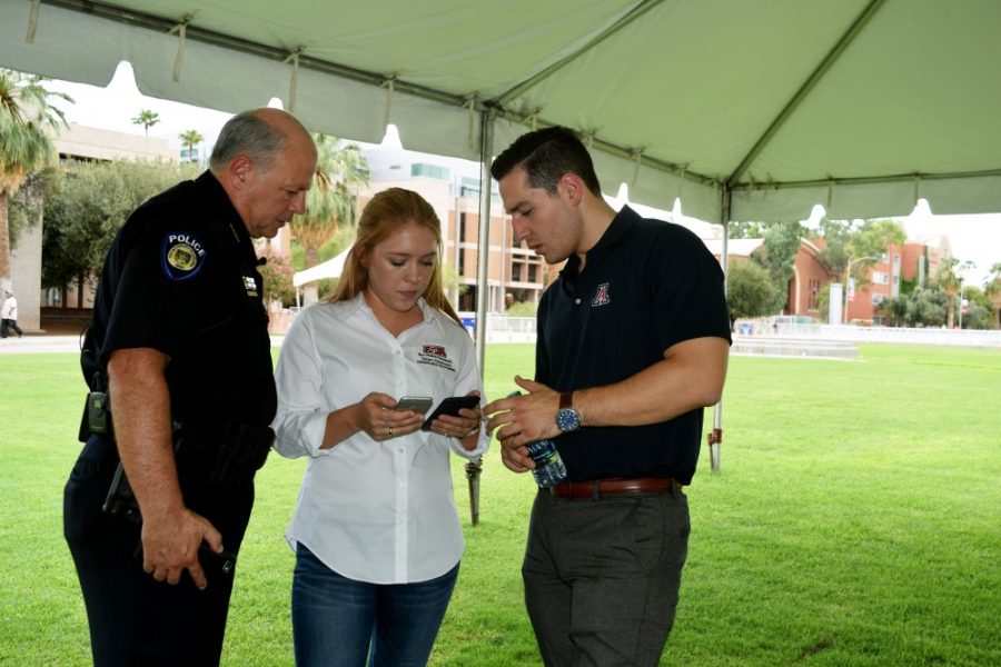 Chief Seastone speaks to the assistant vice president and president of the ASUA on Wednesday, Sept. 2. There was a press conference on the mall at 2:00 PM to discuss the new safety app; LiveSafe. 