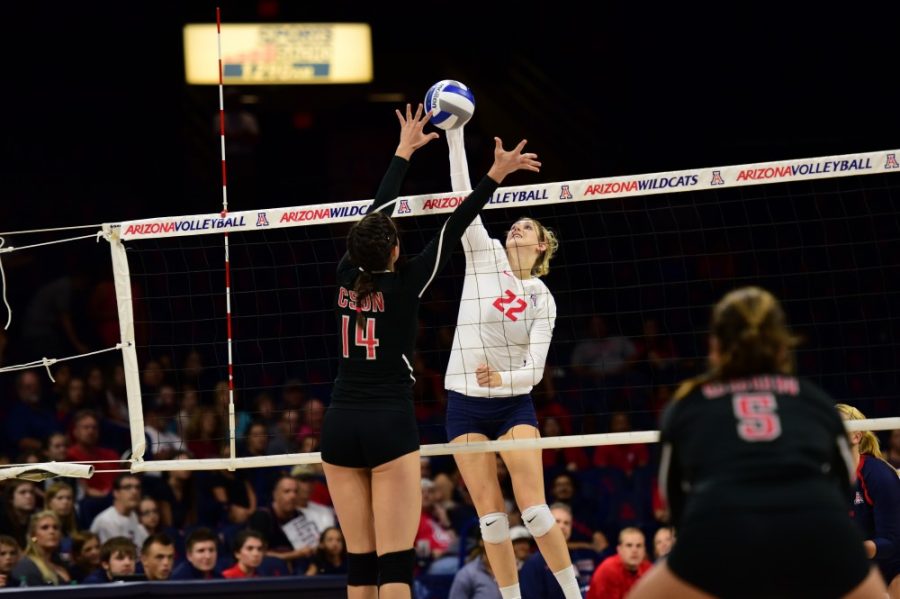 Opposite+Hitter+Nikki+Attea+returns+a+ball+to+the+CSUN+side+at+the+Sept.+5+game.+The+teams+record+has+been+consistent+this+season.