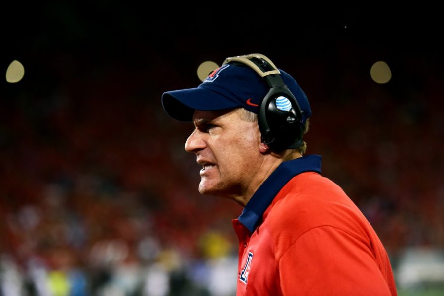 <p>Arizona head coach Rich Rodriguez scowls at his team during Arizona's 56-30 loss to UCLA on Saturday, Sept. 26. Rodriguez has never beaten UCLA in his time as a head coach at Arizona.</p>