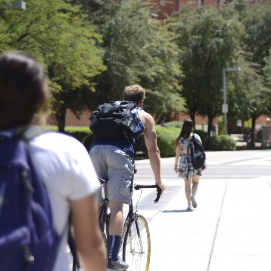 A cyclist rides in a bike lane near the Modern Languages building on the UA campus on Monday, Aug. 31, 2015.