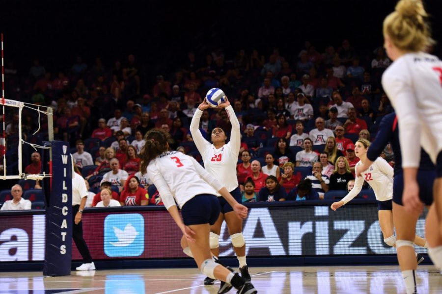 Arizonas Penina Snuka (20) sets the ball for her teammates while playing against California State Northridge on Saturday, Sept. 5. Snuka leads the team with 74 digs.