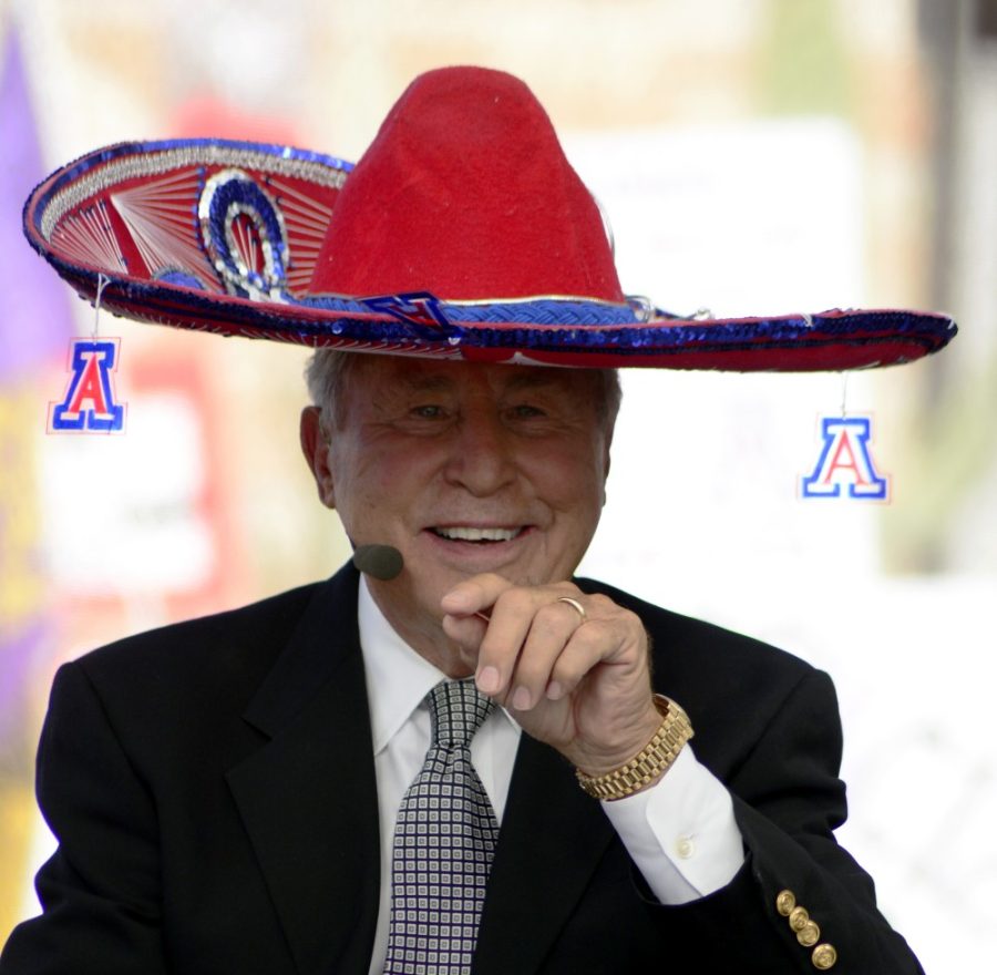 ESPNs College GameDay analyst Lee Corso wears a University of Arizona-themed sombrero while filming a segment on the UA Mall on Saturday, Sept. 26. Corso announced his prediction that the Arizona Wildcats would beat the UCLA Bruins in the football game scheduled for later that day during the broadcast.