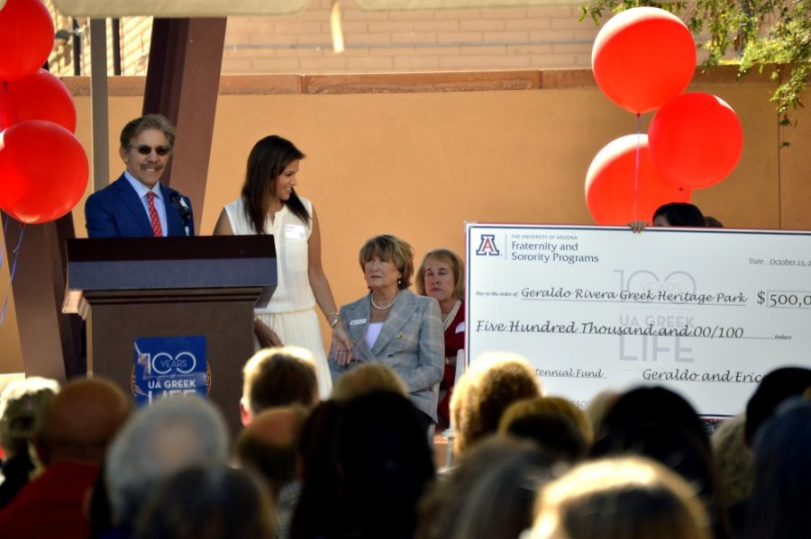 Geraldo Rivera and his wife, Erica, donated $500,000 to the UA at the groundbreaking of the Geraldo Rivera Greek Heritage Park on Friday.