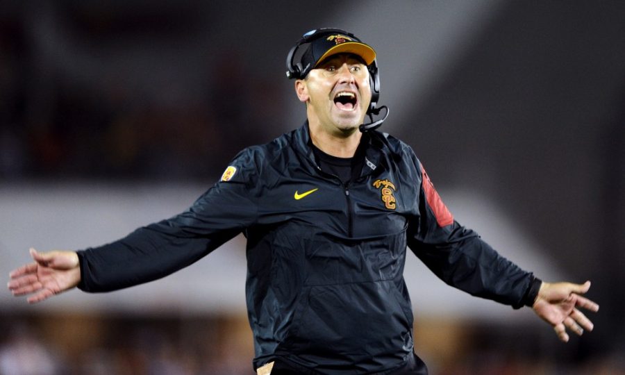 USC head coach Steve Sarkisian yells at a referee in the fourth quarter of a 17-12 loss against Washington at the Los Angeles Coliseum on Thursday, Oct. 8, 2015, in Los Angeles. (Wally Skalij/Los Angeles Times/TNS)