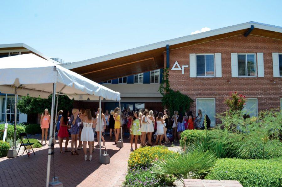 Potential new members gather outside of the Delta Gamma sororitys house near the UA campus on Thurs., Aug. 20. Delta Gamma and other greek chapters have events planned throught Family Weekend for visiting parents. 
