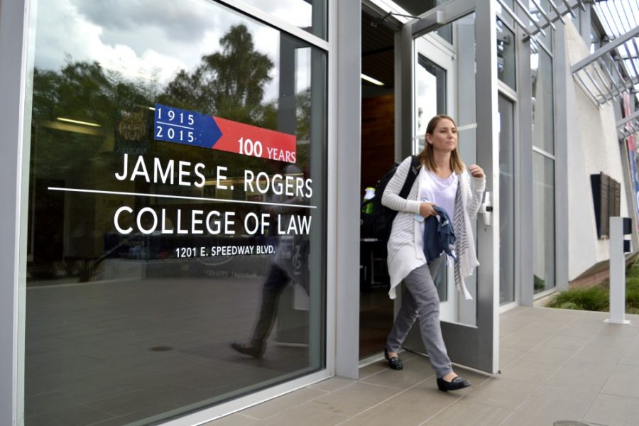 Second-year law student Jaycie Gibney exits the law building after finishing her day of classes  Thursday, Oct. 29. Arizona Supreme Court justices will present an open discussion on two cases at the William H. Rehnquist Center on Nov. 10. 