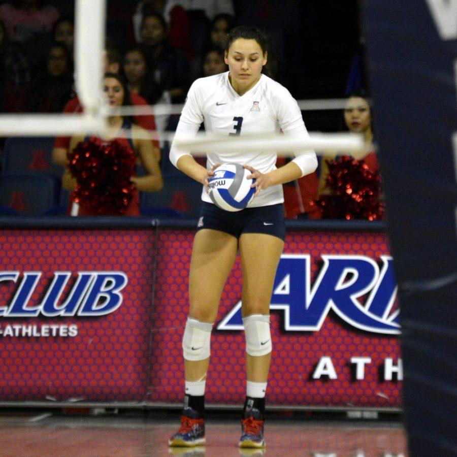 Arizona middle blocker Halli Amaro (3) prepares to set the ball in McKale Center on Sunday, Nov. 8. Amaro is the only four-year Arizona senior currently on the roster.