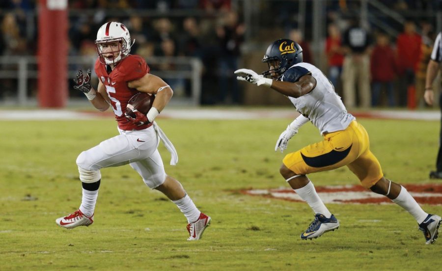 Stanford's Christian McCaffrey runs (5) for a first down against Cal in the first quarter of the Big Game at Stanford Stadium in Stanford, Calif., on Saturday, Nov. 21, 2015. (Jim Gensheimer/Bay Area News Group/TNS)