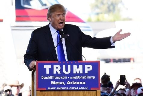 Republican presidential candidate Donald J. Trump flew into Phoenix-Mesa Gateway Airport to speak to the crowd of thousands on one of many stops along his campaign trail in Mesa, Arizona on Wednesday, Dec. 16, 2015. Trump was introduced by Maricopa County Sheriff Joe Arpaio and followed by one of the first 100 women pilots in the U.S. Air Force, Col. Wendy Rogers. After a late arrival on his private jet, Trump conducted a live interview with Bill O'Reilly and then addressed the adoring and mostly white crowd.