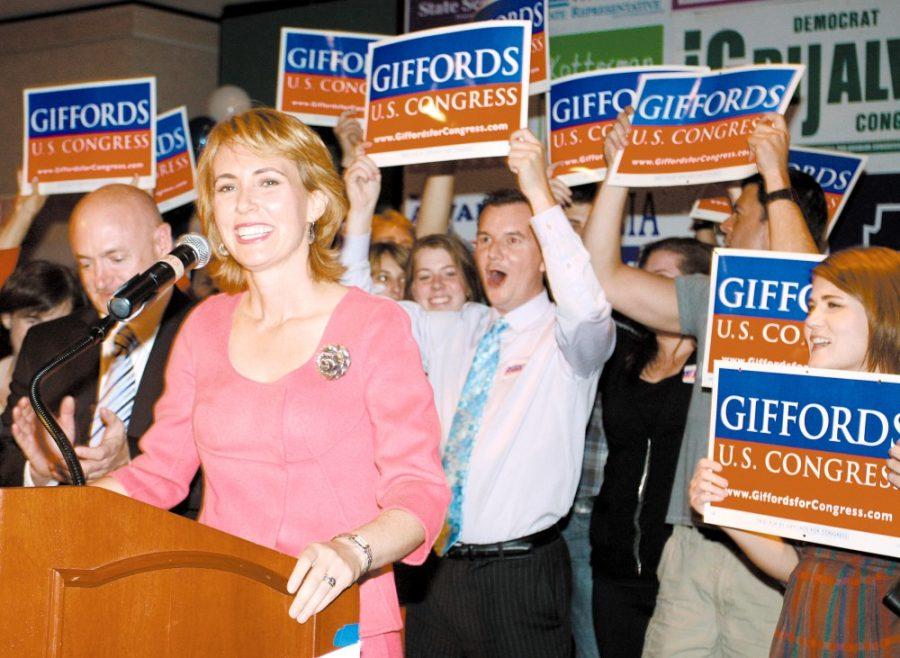 Rep. Gabrielle Giffords gives a speech to her supporters at the Tucson Marriott University Park Hotel on Nov. 2, 2010. On Jan. 8, 2011, Giffords survived an assasination attempt in which six people were killed. Today, she speaks out against gun violence and pushes for reform. 