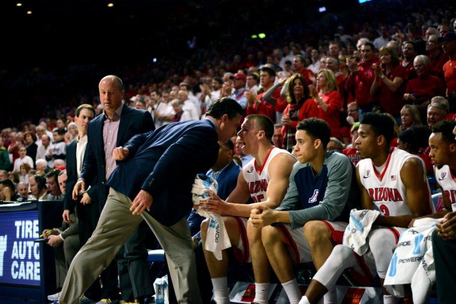 Arizona head coach Sean Miller screams in the face of center Kaleb Tarczewski (35) during Oregons 83-75 win over the Wildcats in McKale Center on Thursday, Jan. 28. Arizona had won 49 games in a row in McKale prior to the Ducks coming to town.