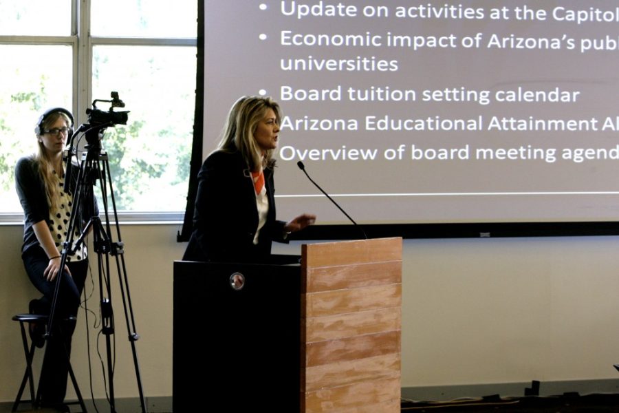 Eileen Klein, president of the Arizona Board of Regents, speaks to the board in Tempe on Thursday, Feb. 4. The Regents met for the third time this school year to discuss tuition and university funding. 
