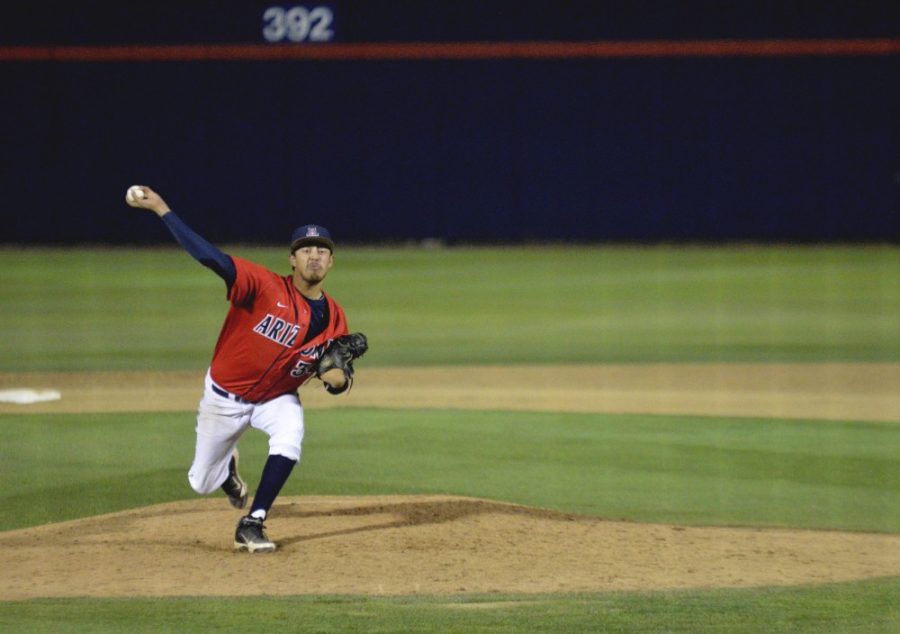 Arizona pitcher Robbey Medel (34) throws a pitch late in a game against ASU on April 28, 2015. Arizona baseball opens its 2015-2016 season Friday at Rice University. 