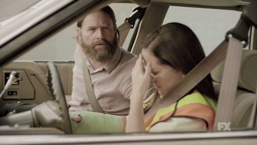 Still from a clip of Baskets, a new show that aired on FX on Thursday, Jan. 21. Baskets is based around Zach Galifianakis character, Chip Baskets, a failed professional clown who instead becomes a local rodeo clown in Bakersfield, California.