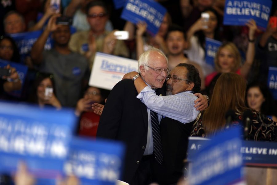 Congressman Raul M. Grijalva (D-AZ) introduces Democratic presidential candidate Bernie Sanders to a crowd at the A Future To Believe In Rally at Bonanza High School on Feb. 14, 2016 in Las Vegas. The gym was filled with supporters. (Francine Orr/Los Angeles Times/TNS)