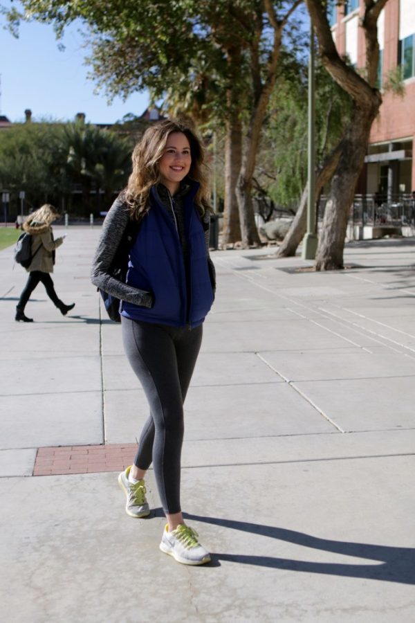 Alyson Seall, a pre-nursing freshman, walks across the UA Mall on Tuesday, Feb. 2. Seall is one of the many girls who wears leggings around campus. 