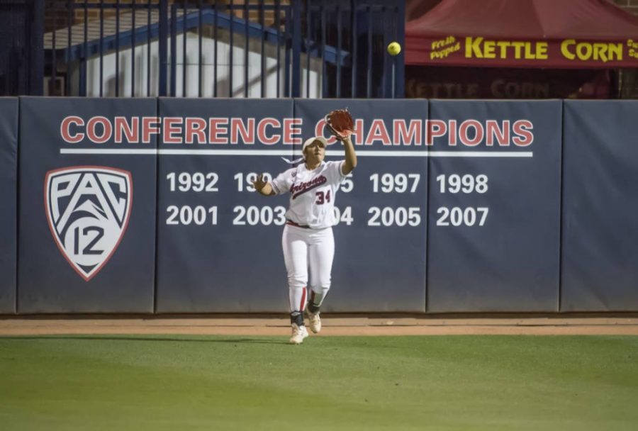Arizona+outfielder+Katiyana+Mauga+%2834%29+steps+back+to+catch+a+fly+ball+at+the+NCAA+Regionals+on+May+15%2C+2015.+Mauga+is+expected+to+lead+the+Wildcats+lineup+this+season.