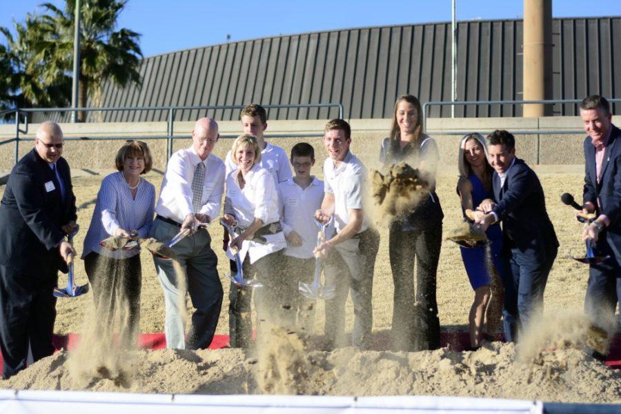 UA faculty, athletes and donors participate in the ground breaking of the CATS. Academic Center on Feb. 12. The center is expected to be completed in October 2016, and will serve the academic needs of the UAs student-athletes.
