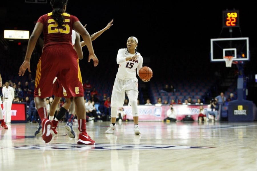 Arizona guard Keyahndra Cannon calls out a play during Arizonas 67-57 loss to USC on Feb 5. The womens basketball program is still in search of a new head coach after Niya Butts parted ways with the school earlier this month. 