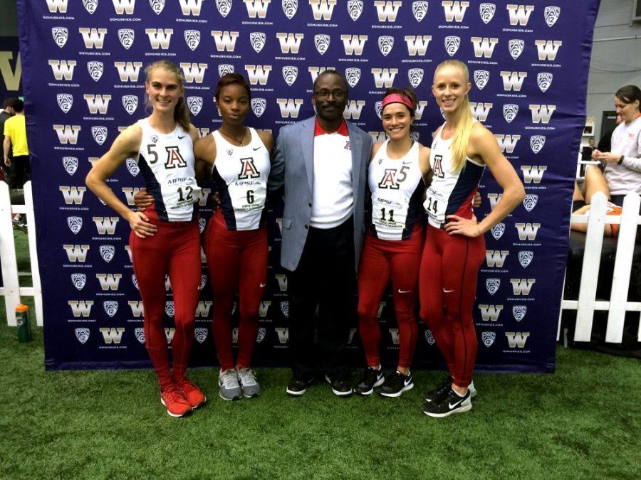 Tatum Waggoner, Nnenya Hailey, Gia Trevisan and Sage Watson, members of Arizonas record-breaking 4x400 relay team, pose with track and field head coach Fred Harvey at the MPSF Championships in Seattle. The teams time of 3:32.54 ranked seventh nationally at the time of the meet. 