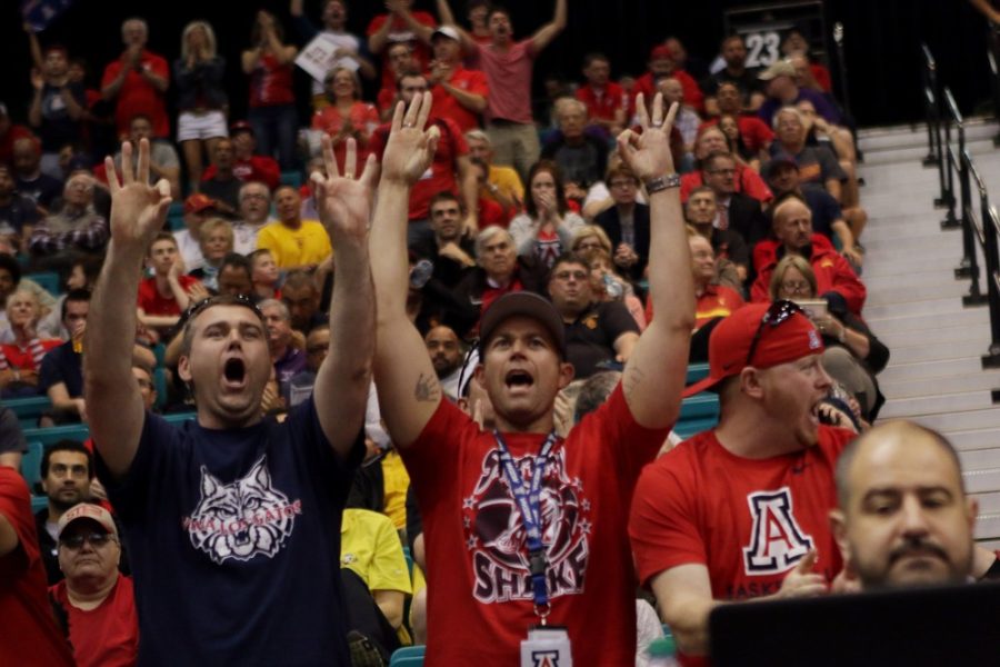 Arizona fans cheer on the Wilcats during Arizona’s 82-78 against Colorado in the Pac-12 tournament on March 10, 2016. 