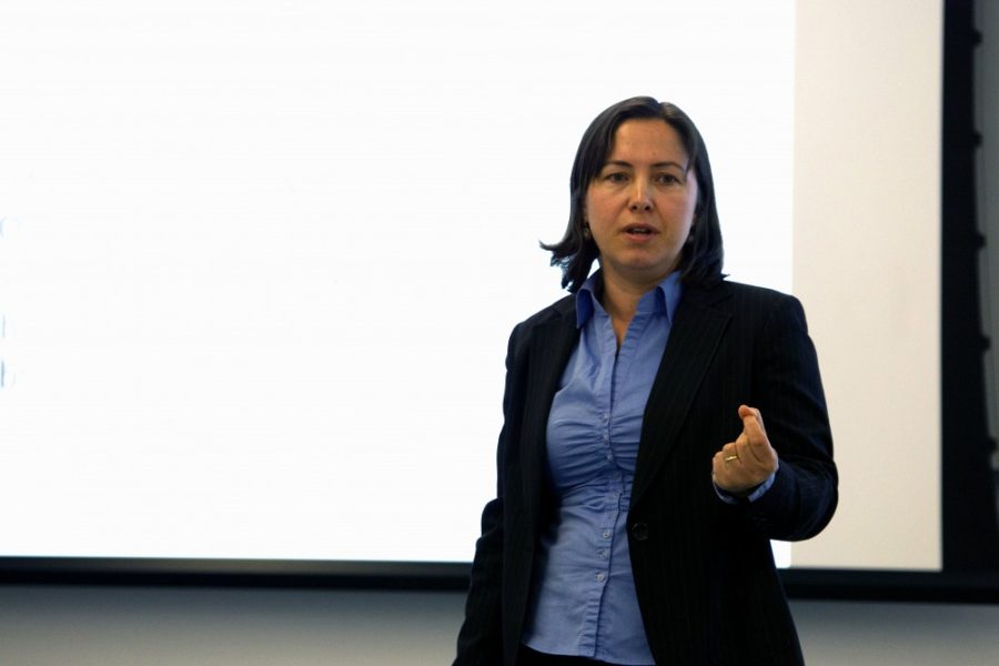 Dr. Nurcan Atalan-Helicke speaking in the ENR2 building on Wednesday, March 9. Atalan-Helicke spoke on the role of GMOs in Turkey with respect to gender roles and local religion, as many Turkish communities, particulary Turkish women, are suspicious of GMOs.