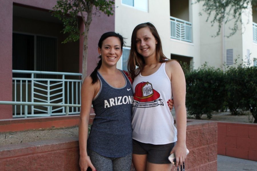Dance freshman Madison Mistone and pre-physiology freshman Emily Gould pose for a photo modeling their tank tops, shorts and yoga pants. With Arizona temperatures rising, it’s time to break out the summer clothing.