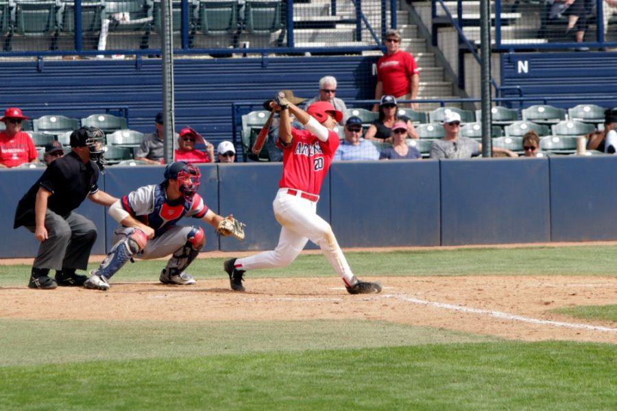 Arizona outfielder Alfonso Rivas III swings at the ball during Arizona’s 11-5 win against St. Mary’s on March 6 at Hi-Corbett Field.