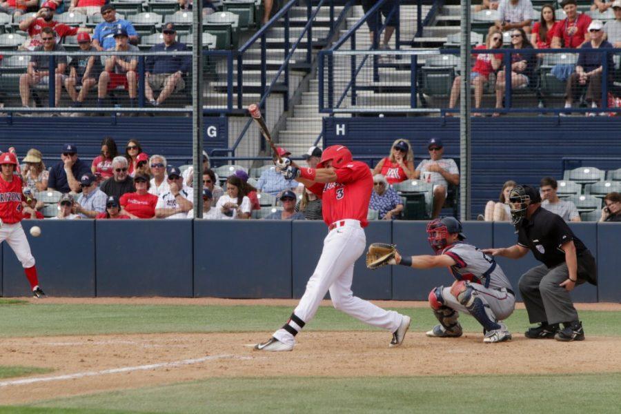 Arizona infielder Bobby Dalbec (3) swings at the ball during Arizonas 11-5 win against St Marys on March 6. 