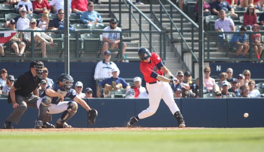 Arizona+infielder+Bobby+Dalbec+%283%29+hits+a+ground+ball+in+Tucson+playing+against+Rice+University+on+Feb.+22%2C+2015.+Dalbec+is+off+to+a+slow+start%2C+batting+1.38+through+seven+games.
