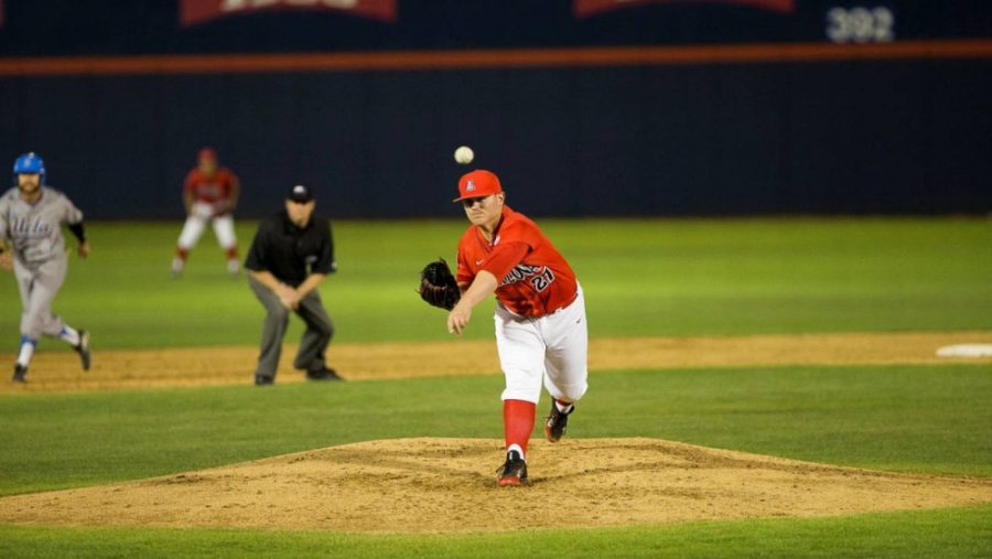 Arizona left-handed pitcher JC Cloney pitches the ball during Arizona’s 6-1 victory over UCLA on Thursday, March 24 at Hi-Corbett Field. Cloney picthed a complete game, allowing just one run in nine innnigs of work. 