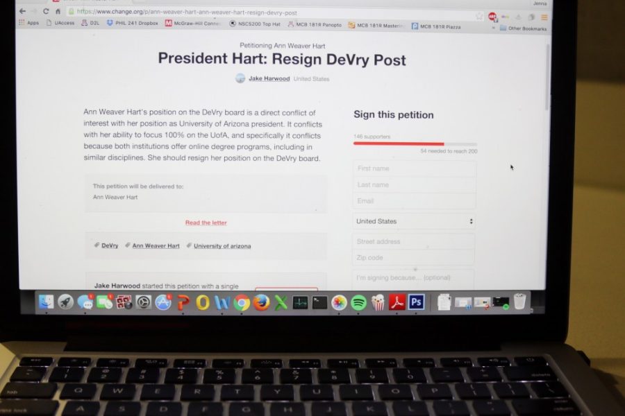 The online petition protesting President Harts board position at DeVry University.