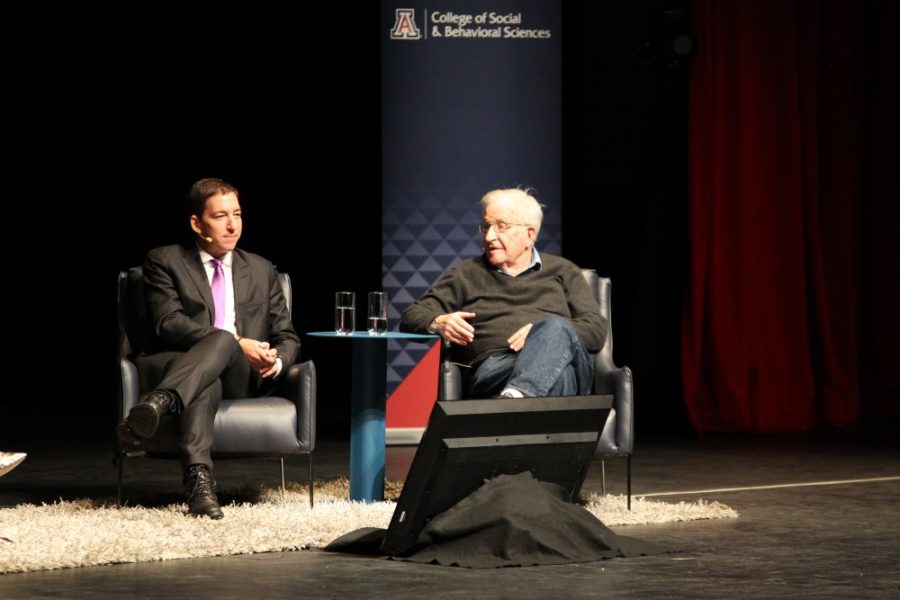 Noam Chomsky (right) at a Conversation on Privacy in Centennial Hall on March 25. 