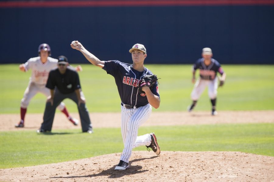 Arizona pitcher Bobby Dalbec (3) pitches during the final game against Stanford Univesrity at Hi Corbett Field on Sunday, April 17. The Wildcats fell to Stanford 6-5 after a late-inning collapse.