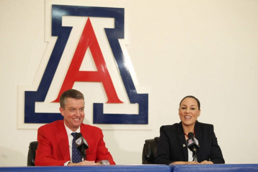 Newly hired womens basketball coach Adia Barnes speaks during her introductory press conference in McKale Center on Tuesday, April 5. Barnes inherits a program that has not made the NCAA Tournament since 2005. 