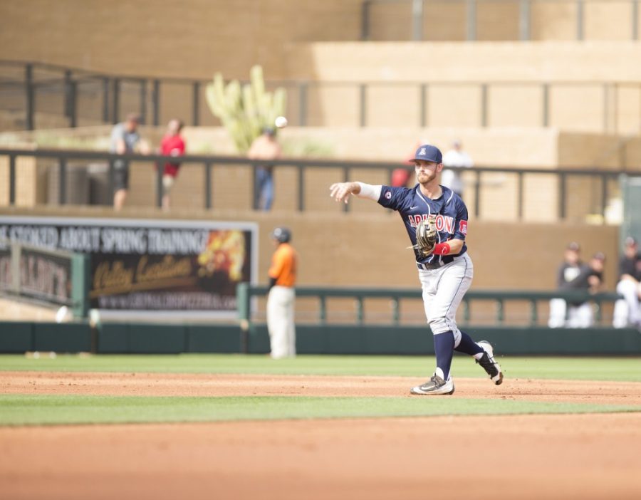 Junior infielder Louis Boyd (5) during Arizonas 12-5 loss to the Arizona Diamondbacks at Salt River Fields in Scottsdale, AZ on March 1. Boyd overcame a head injury and found success as a Wildcat.