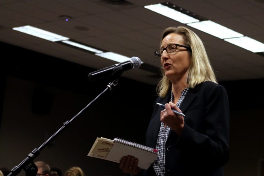 Dr. Kirsten Engel, Environmental and Administrative Law professor at UA James E. Rogers College of Law spoke against the Arizona Board of Regents proposal to increase tuition rates for in-state and out­ of ­state students. The hearing took place in the Gallagher Theater in the 2nd floor of the Student Union on March 29, 2016.