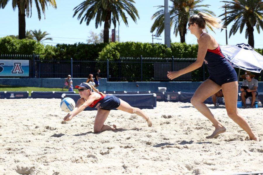 Arizona+sand+volleyball+athlete+Tyler+Lucas+dives+for+a+dig+during+a+match+against+California+State+Northridge+on+Saturday%2C+March+26.