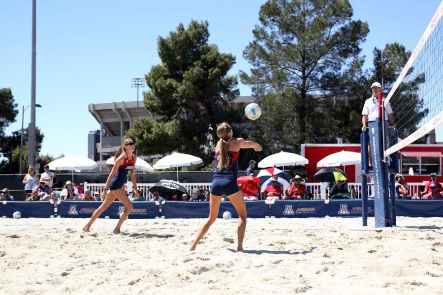 Arizona sand volleyball athlete Madison Witt (23) sets up a spike for her teammate with a dig during a game against California State Northridge on Saturday, March 26.