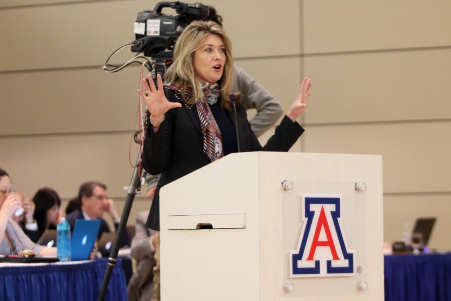 Arizona Board of Regents President Eileen Klein addresses the regents on April 7, 2016 at the UA. 